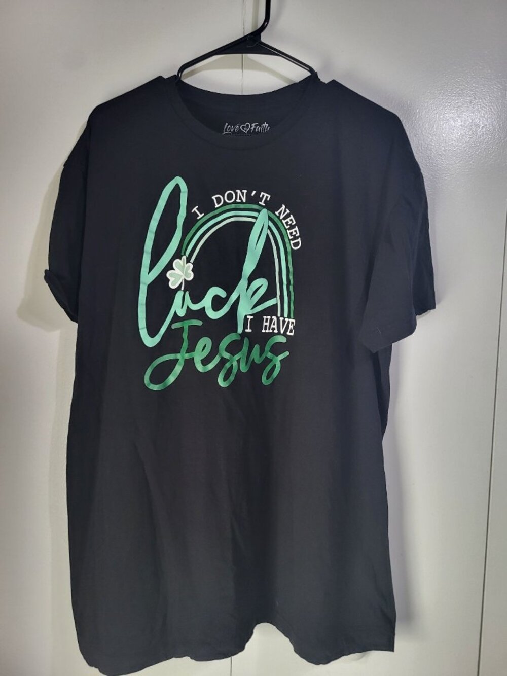 Love in Faith Womens XL Black Graphic T Shirt St. Patty's Day Jesus Religious